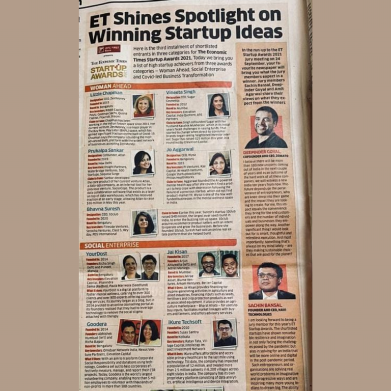 It gives us immense pleasure to be  featured in the coveted Economic Times, 'ET Startup Awards 2021.'